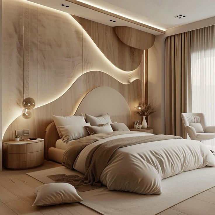 This image showcases a serene, Japandi-style bedroom that emphasizes organic shapes and a warm, minimalist aesthetic. The room is bathed in soft, diffused light, highlighting a palette of natural wood, cream, and taupe.