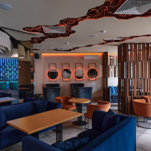 Modern Dubai restaurant interior showcasing premium commercial interior design with elegant seating, ambient lighting, and a sophisticated dining atmosphere.
