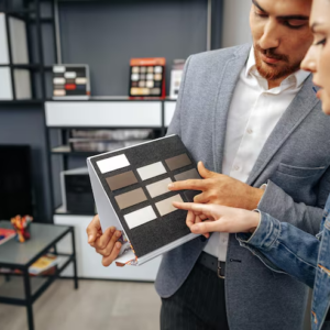 Commercial Interior Design consultation showcasing material selection and finish planning for a modern office interior project.