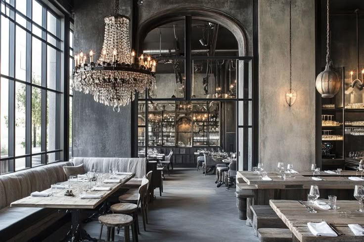Industrial-chic restaurant interior with grey concrete walls, a black crystal chandelier, wooden tables and stools, upholstered banquette seating, arched mirrored bar area, and large steel-framed windows.